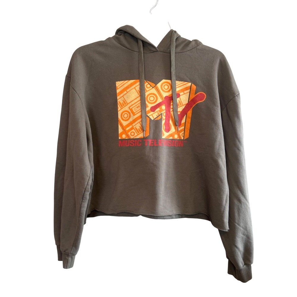 MTV Womens Retro Graphic Cropped Hoodie Pullover‎ Sweatshirt Olive Green Large